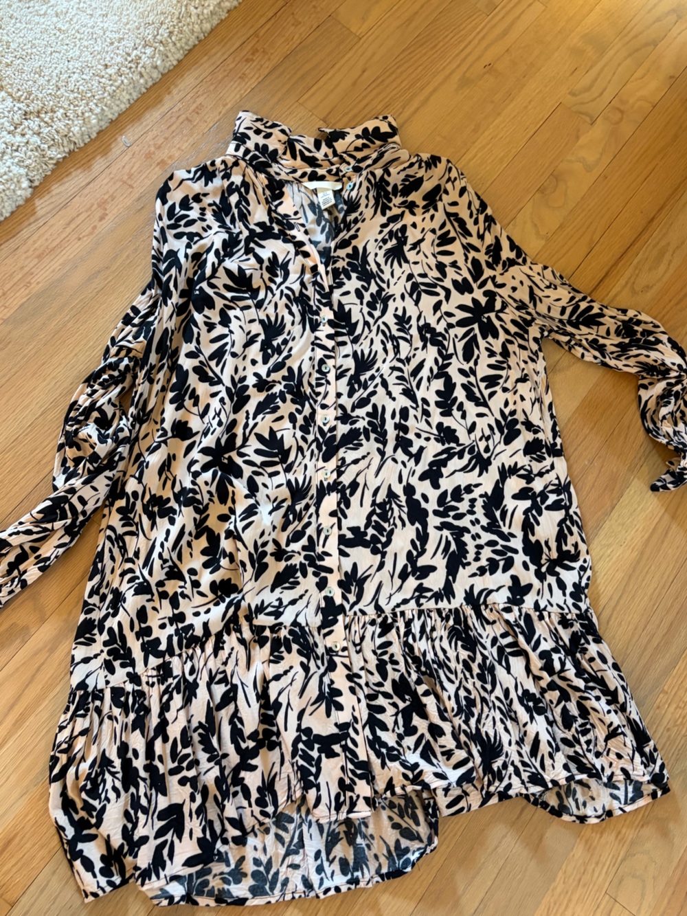 H&M Black Floral Print on pale pink Button-Front Drop Waist Dress